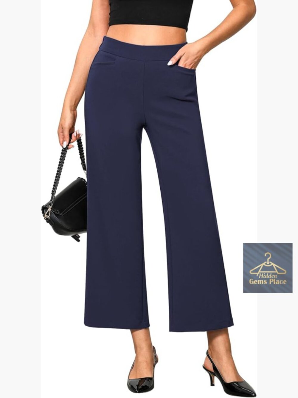 Cropped Wide Leg Pants High Waisted Stretchy Business Casual with Pockets